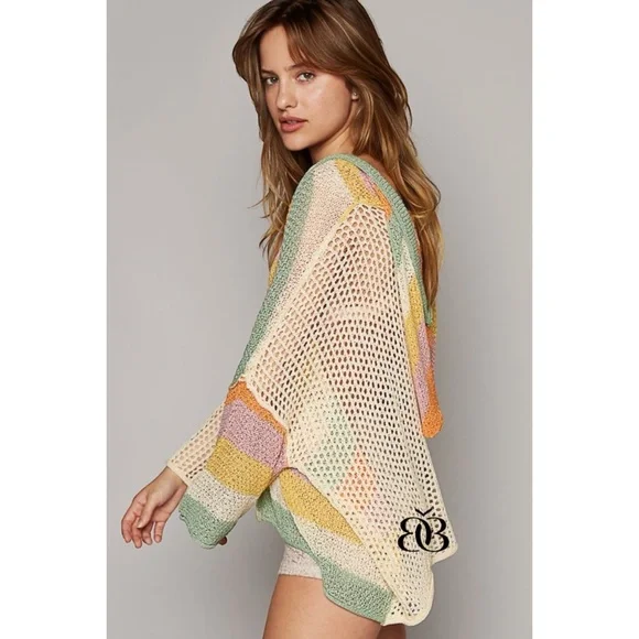 POL Half & Half Solid Striped Colorful Summer Knit Hoodie Sweater - Picture 4 of 9